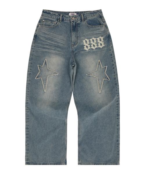 HD 스타 아플리케 데님 팬츠 옐로우 워시드 라이트블루