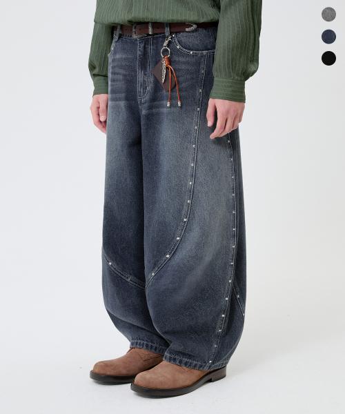 커브드 스터드 벌룬핏 워싱 데님 팬츠_3color