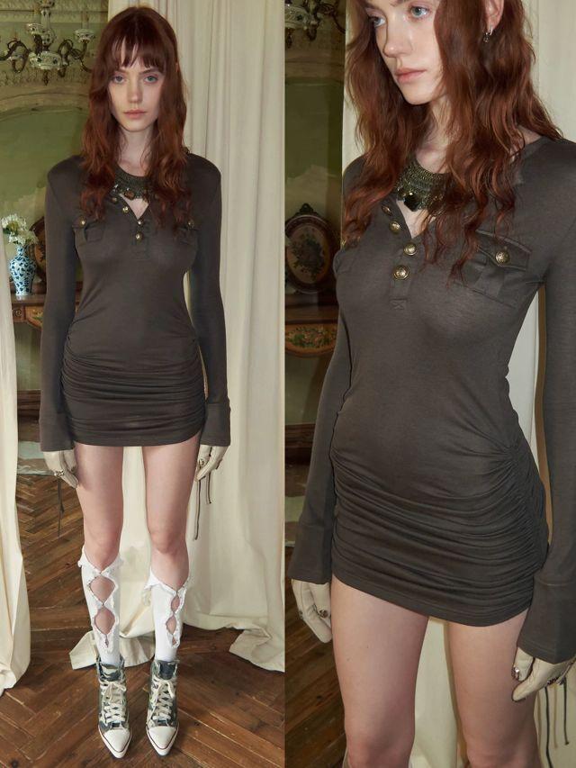 [1JINN STUDIO] Henley Neck Knit Top & Ruched Dress