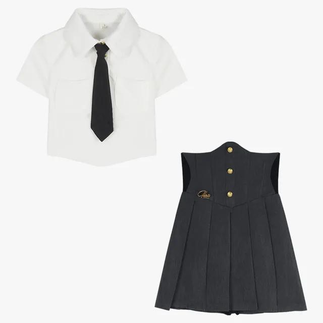 NS16140* 1+1 카라 반팔 티셔츠+하이웨스트 주름 미니 스커트 투피스 세트