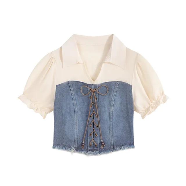 리본 셔링 데님 반팔 셔츠