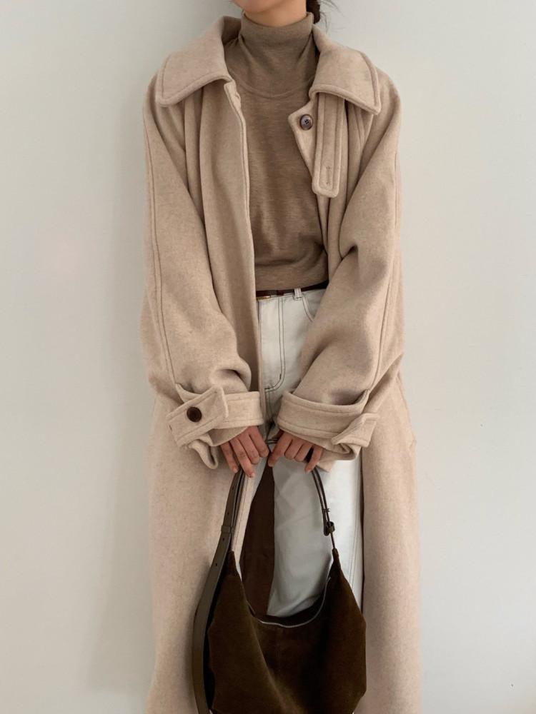 [특가 세일] moani 모아니 헤링본 원버튼 롱코트 오버핏 울코트 (beige)