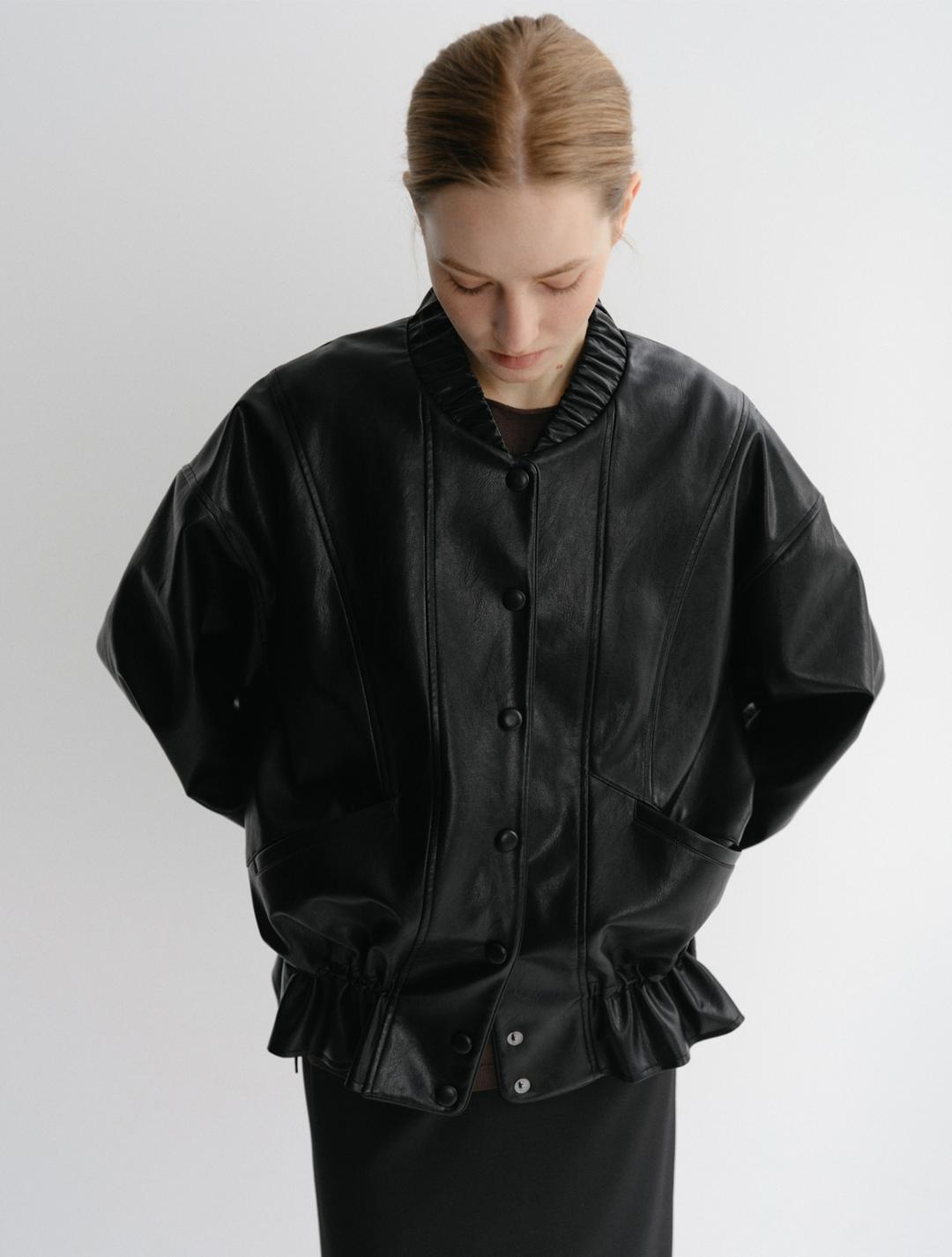 Faux Leather Shirring Jacket (Black)