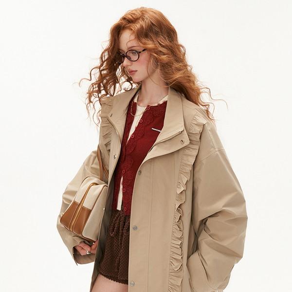 Khaki Frilled Edge Trench Coat