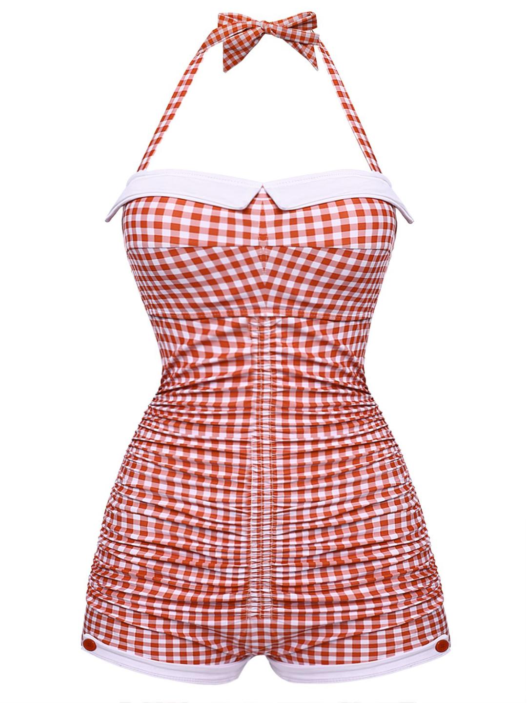 Checked Halter Bowknot One-piece Swimsuit - Red / S / 2