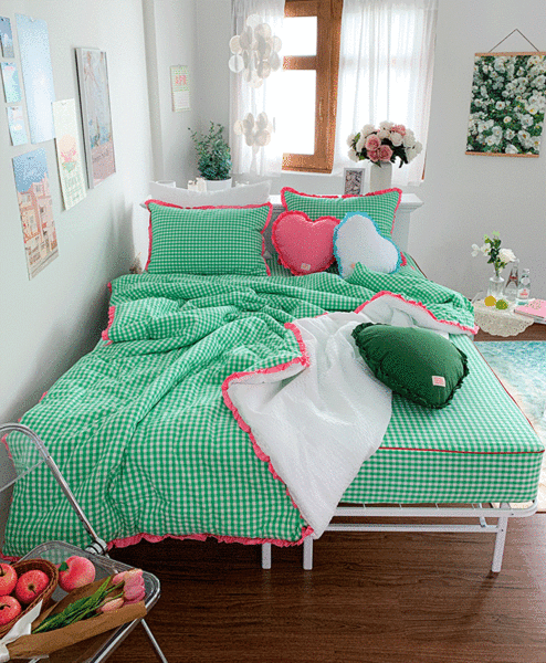 ⚡오늘출발 [깅엄체크 에버그린 쁘띠프릴y] 누빔 여름이불 세트(30수 워싱멜란 선염면,시어서커/S,Q,K)