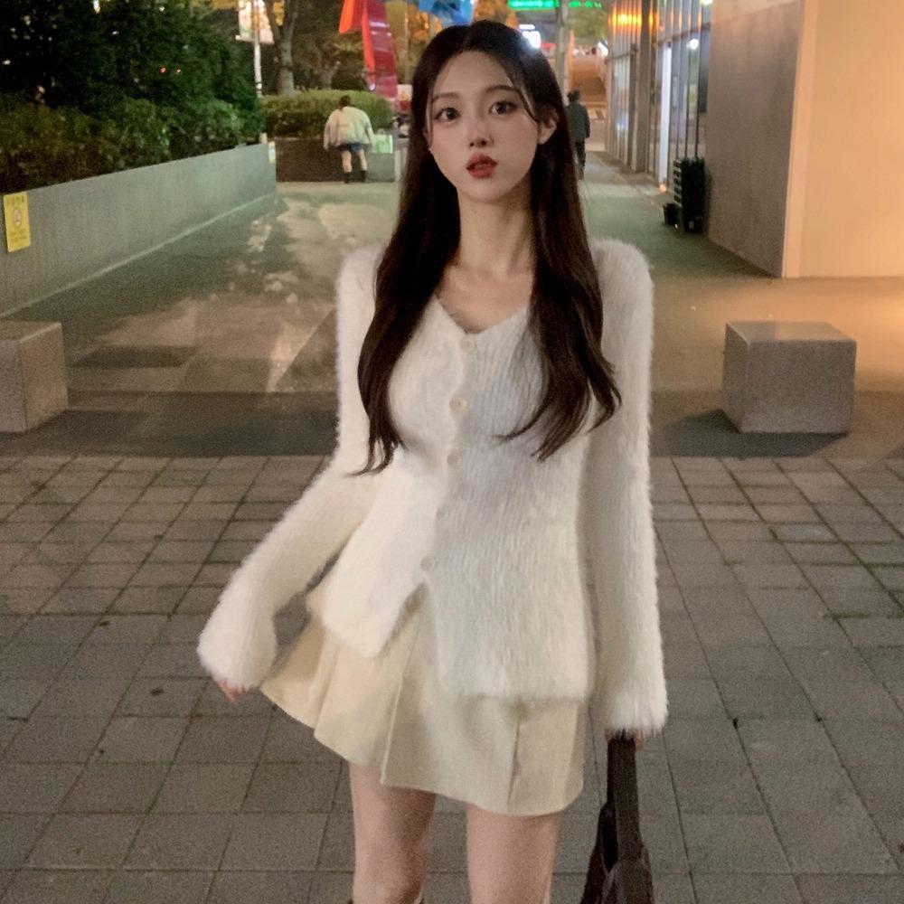 무배🚀[여신템💖복실복실] 여리여리~ 털빠짐X 앙고라 모헤어 퍼 니트 긴팔 롱 브이넥 가디건 슬림 루즈핏 가을 겨울 이너티 아우터 아이보리 베이지 옐로우 3COL