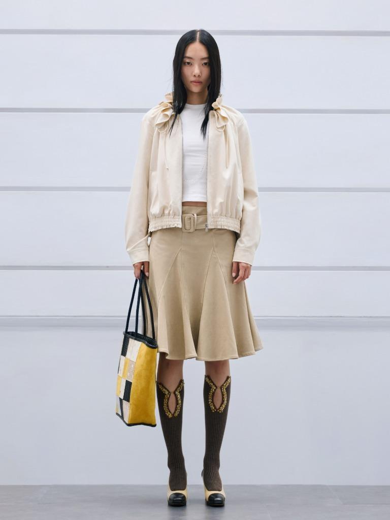 Sleek suede collar midi skirt