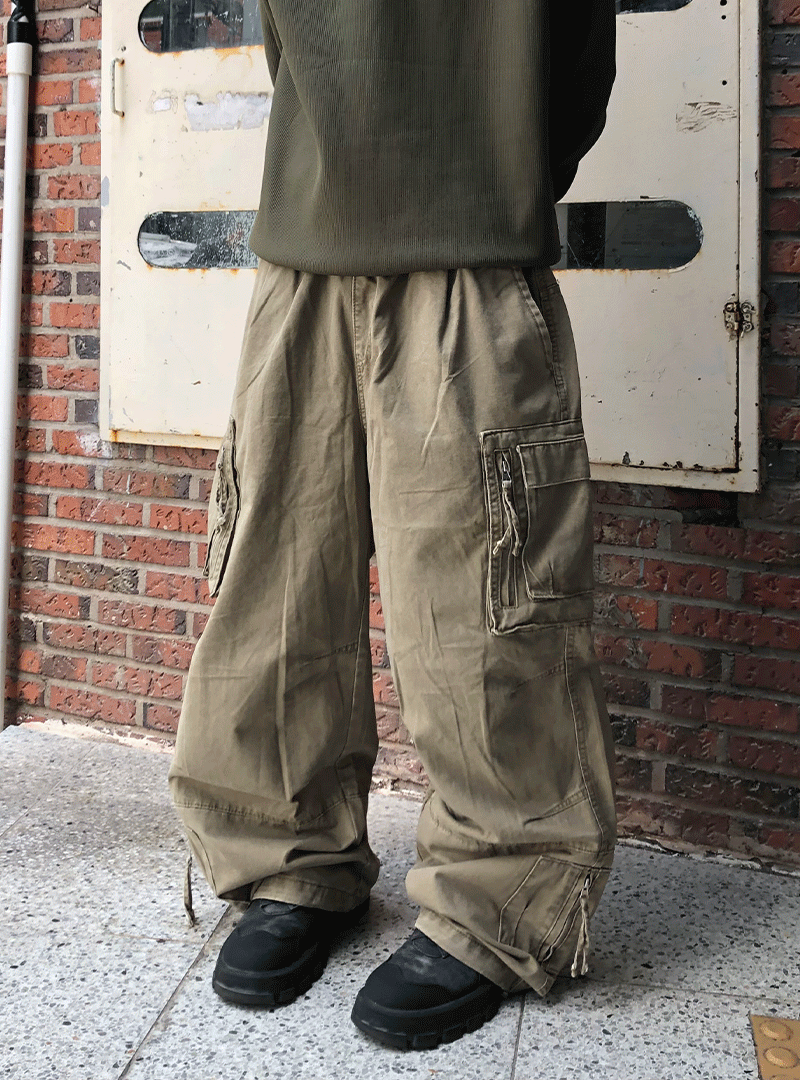 SG 지퍼드 카고 코튼 밴딩 와이드팬츠 3c