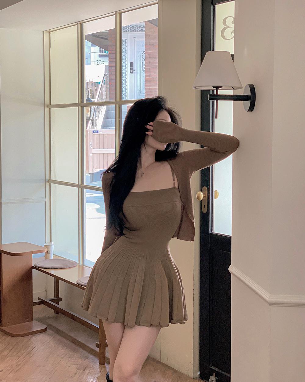 하이클래식 마코드 글램 슬림 길이조절 골지 플레어 나시 미니 원피스 브이넥 긴팔 가디건 세트 투피스