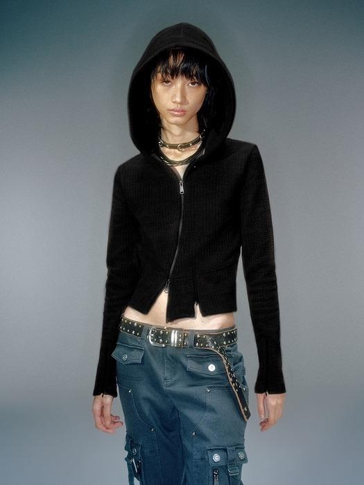 MORO RIBBED HOOD ZIP-UP BLACK