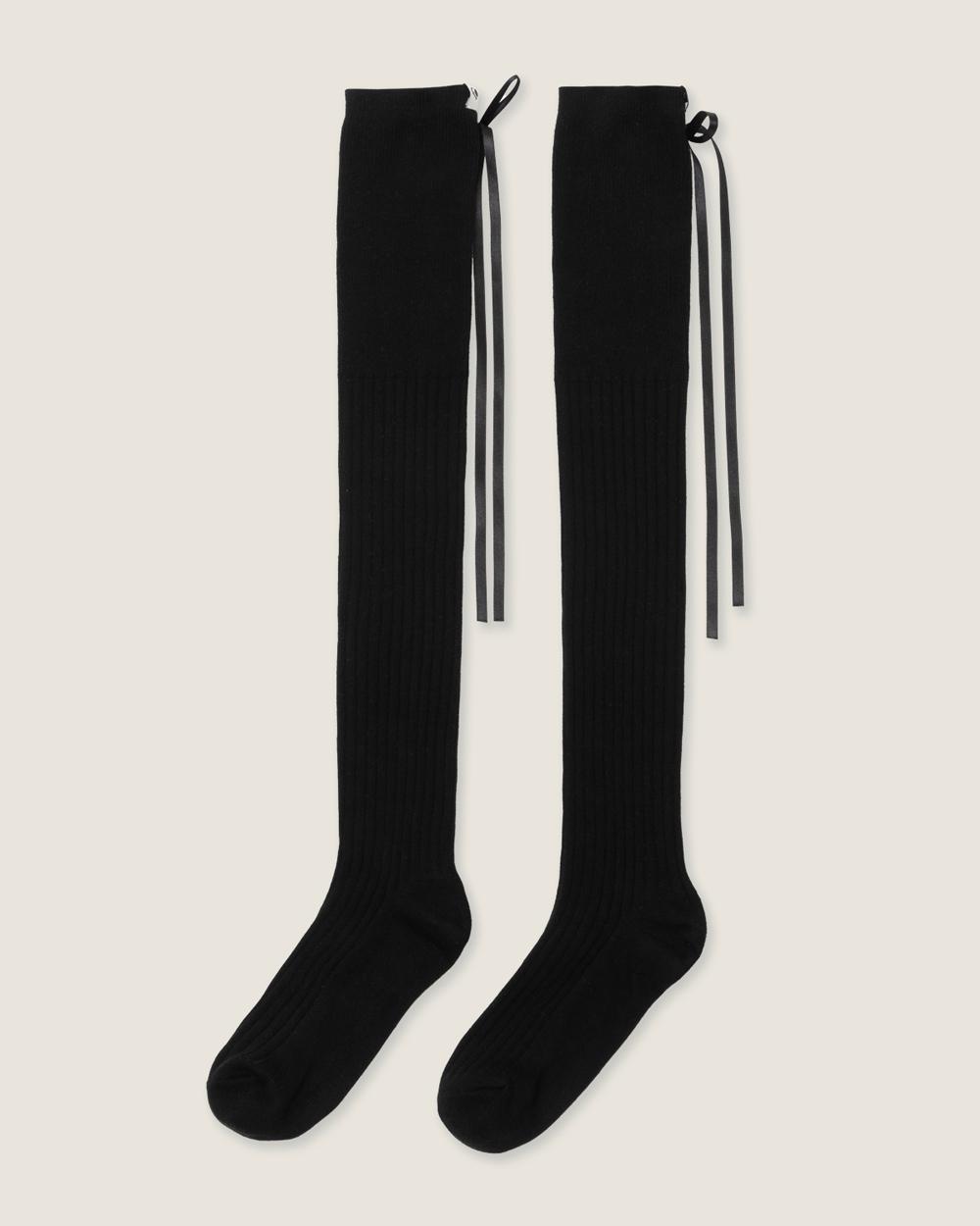 [아일릿 착용] Long ribbon over knee socks_Black