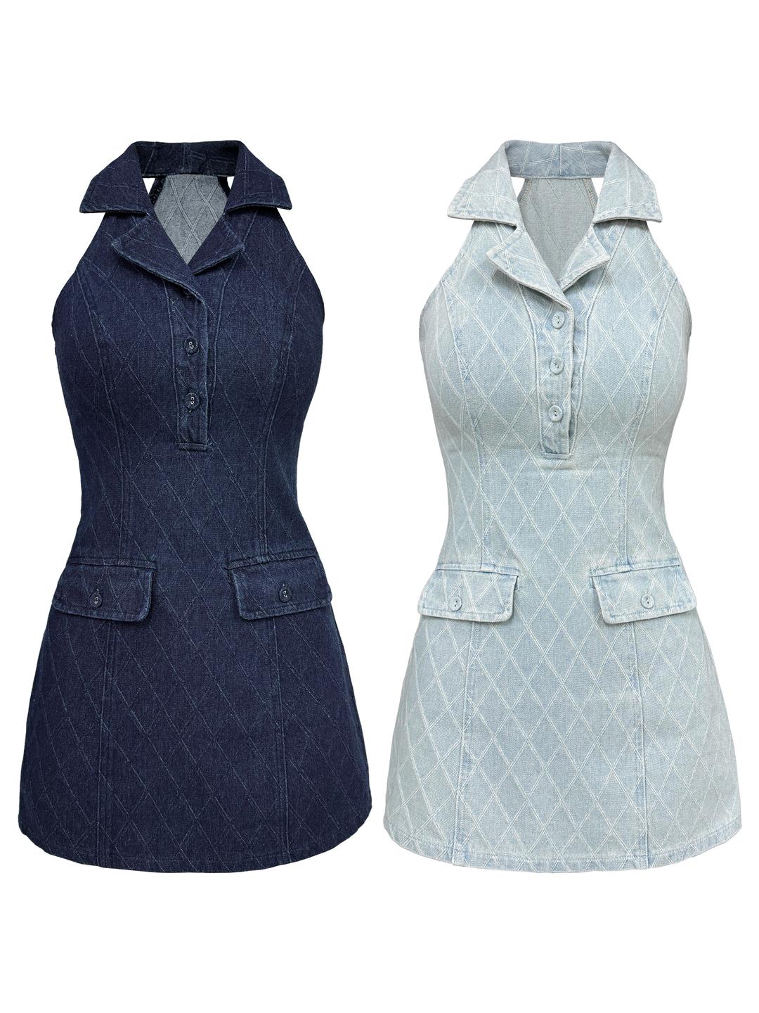 Denim Jacquard Halter Dress