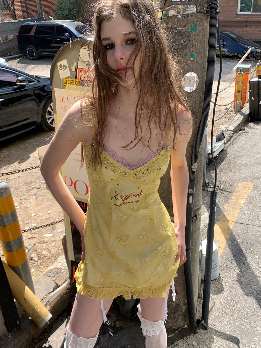 [F0088]Lemon Yellow Lace Slip Dress