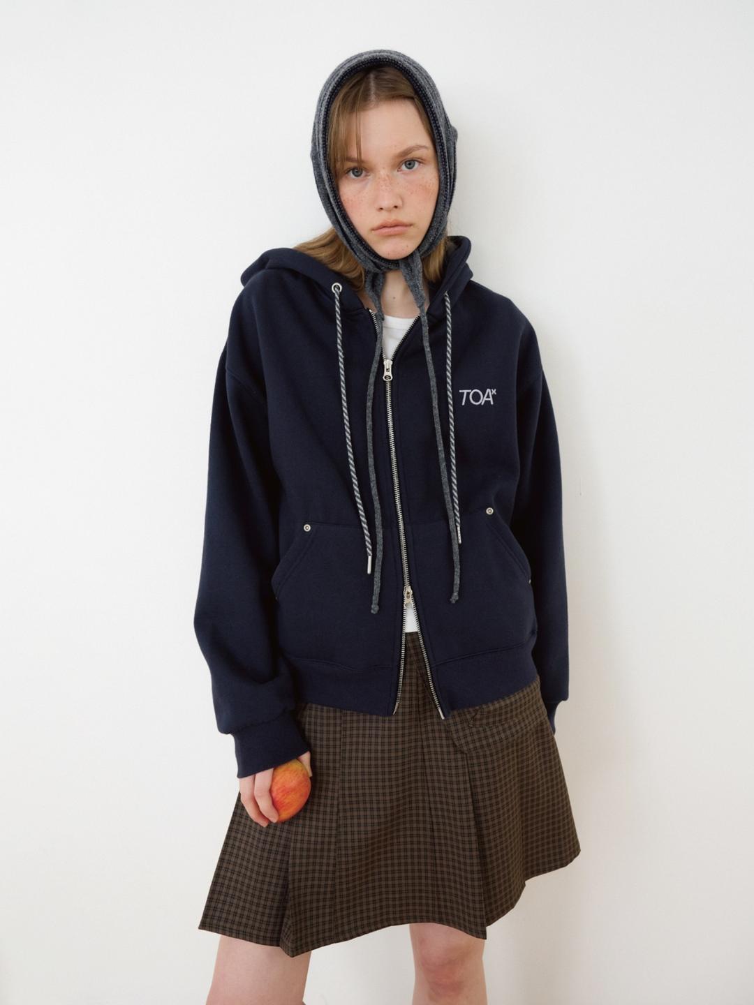 Point String Fleece-Lined Hood Zip-Up (Navy)