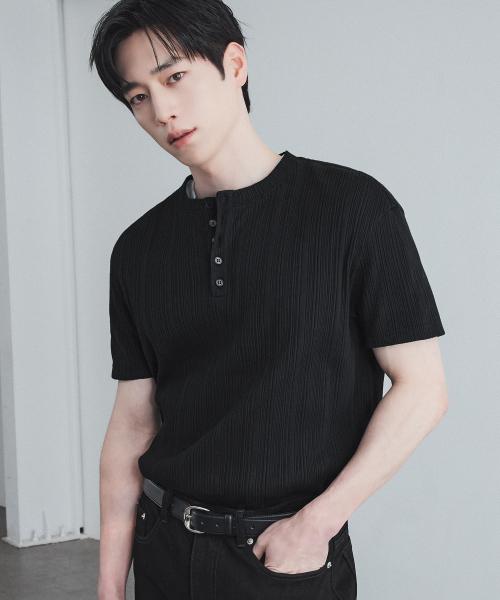 파인 리브드 헨리넥 하프 티셔츠 [BLACK]