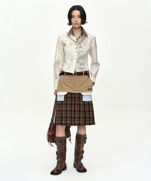 DOUBLE LAYERED PLEATS SKIRT apa885w(BROWN)