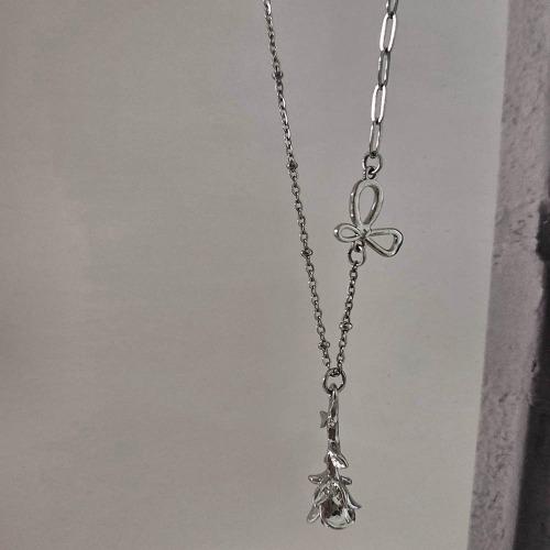 로즈 롱 나비 언발 목걸이 써지컬스틸 장미 포인트 팬던트 레이어드