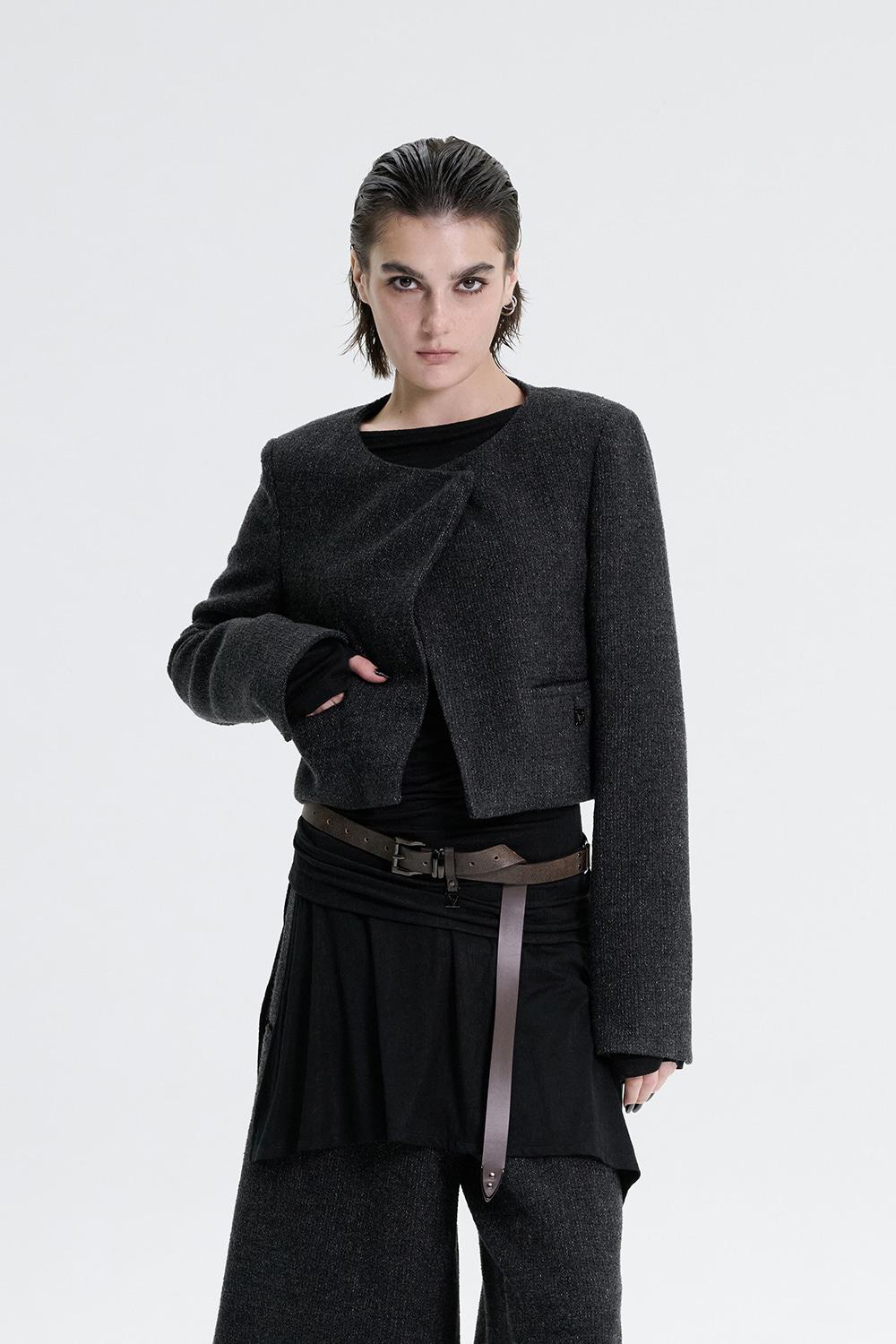Crop Tweed Set-up Jacket [ Charcoal ]