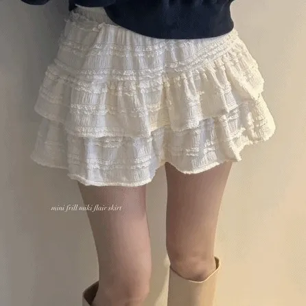 [레이스캉캉*.*/속바지!] 뽀용핏, 프릴 레이스 벤딩 2단 미니 스커트 3color