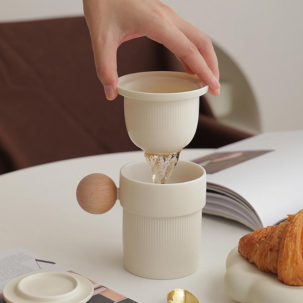 그레이스홈 우드 도자기 1인 찻잔 거름망 머그 차우림 도구 티세트 400ml