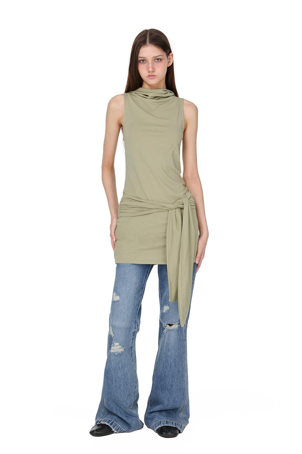 Tie Sleeveless Hoodie One-Piece, SAGE GREEN