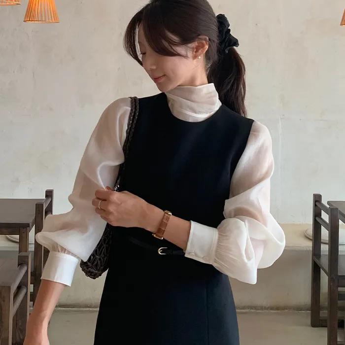 [영은 착용][9차 리오더]Tie See-through Blouse[LMBEAUSH314]-Cream