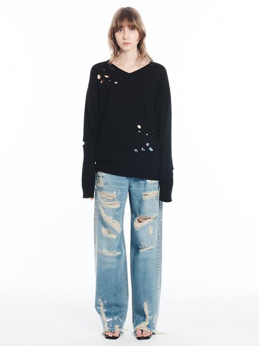 SILVERY DESTROYED DENIM PANTS / BLUE