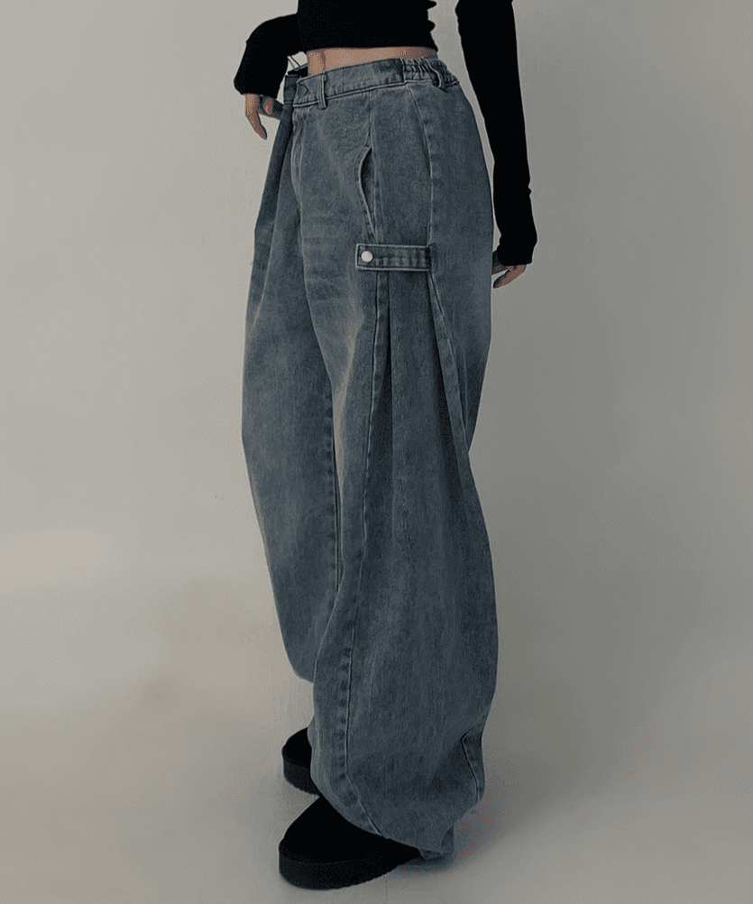 [Unisex] 사이드 스냅 벌룬 데님 팬츠 (2 colors)