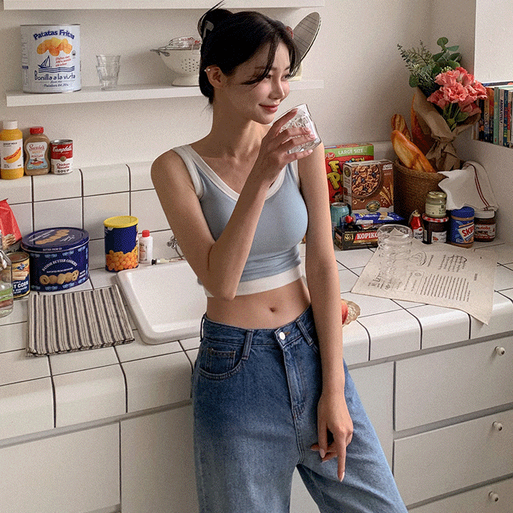 [캡내장]스판배색 크롭캡나시