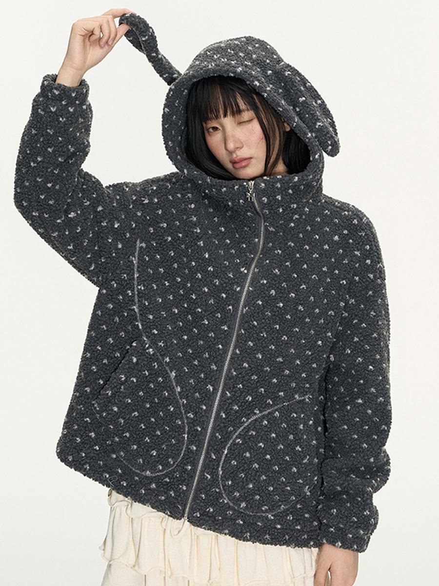 TAKEANAP Dot Bunny Hooded Fleece Jacket