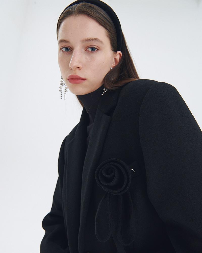 ROSE CORSAGE WOOL HALF COAT_BLACK - THE CENTAUR