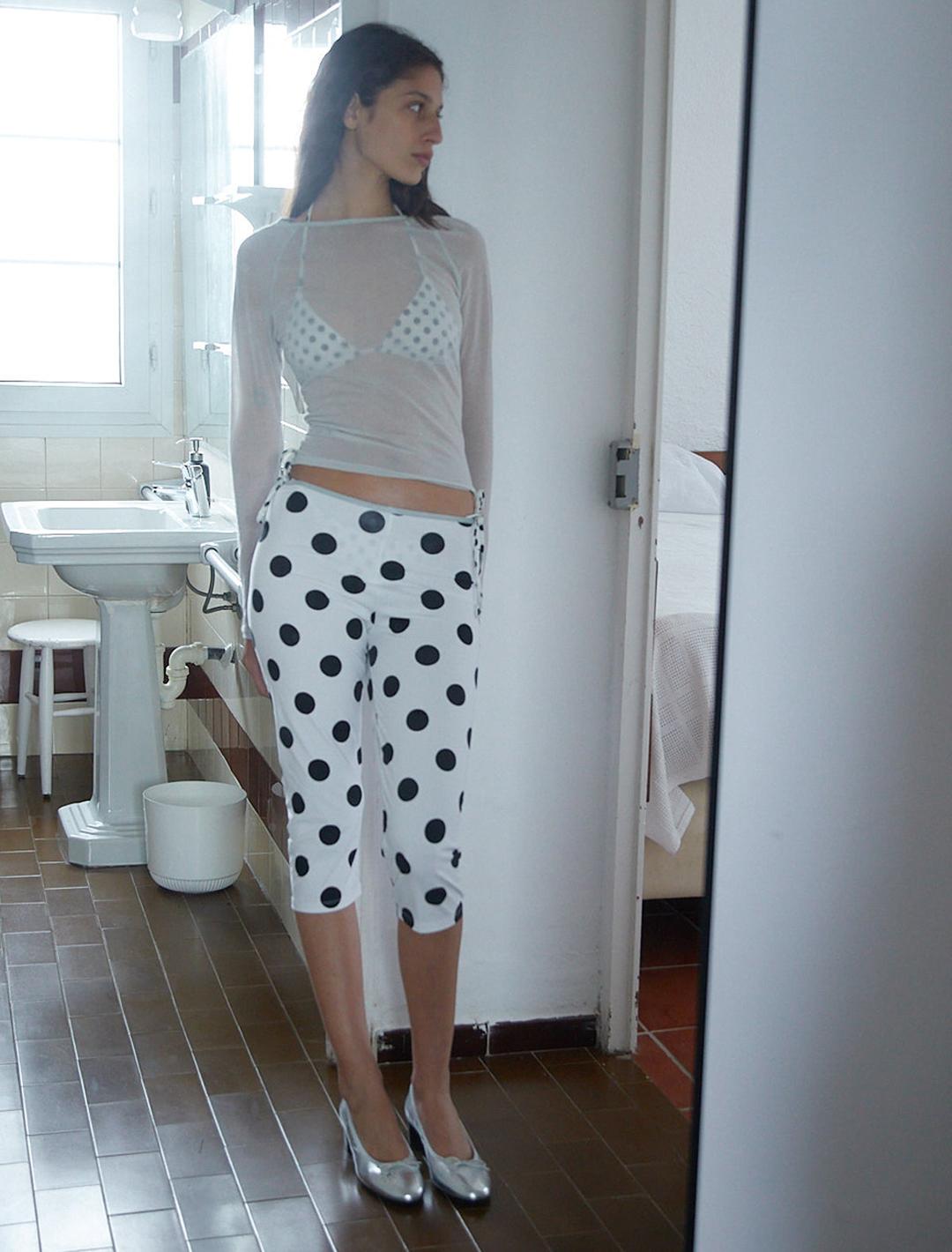 ANEU-Polka dot capri leggings with elastic waistband and PW embroidery