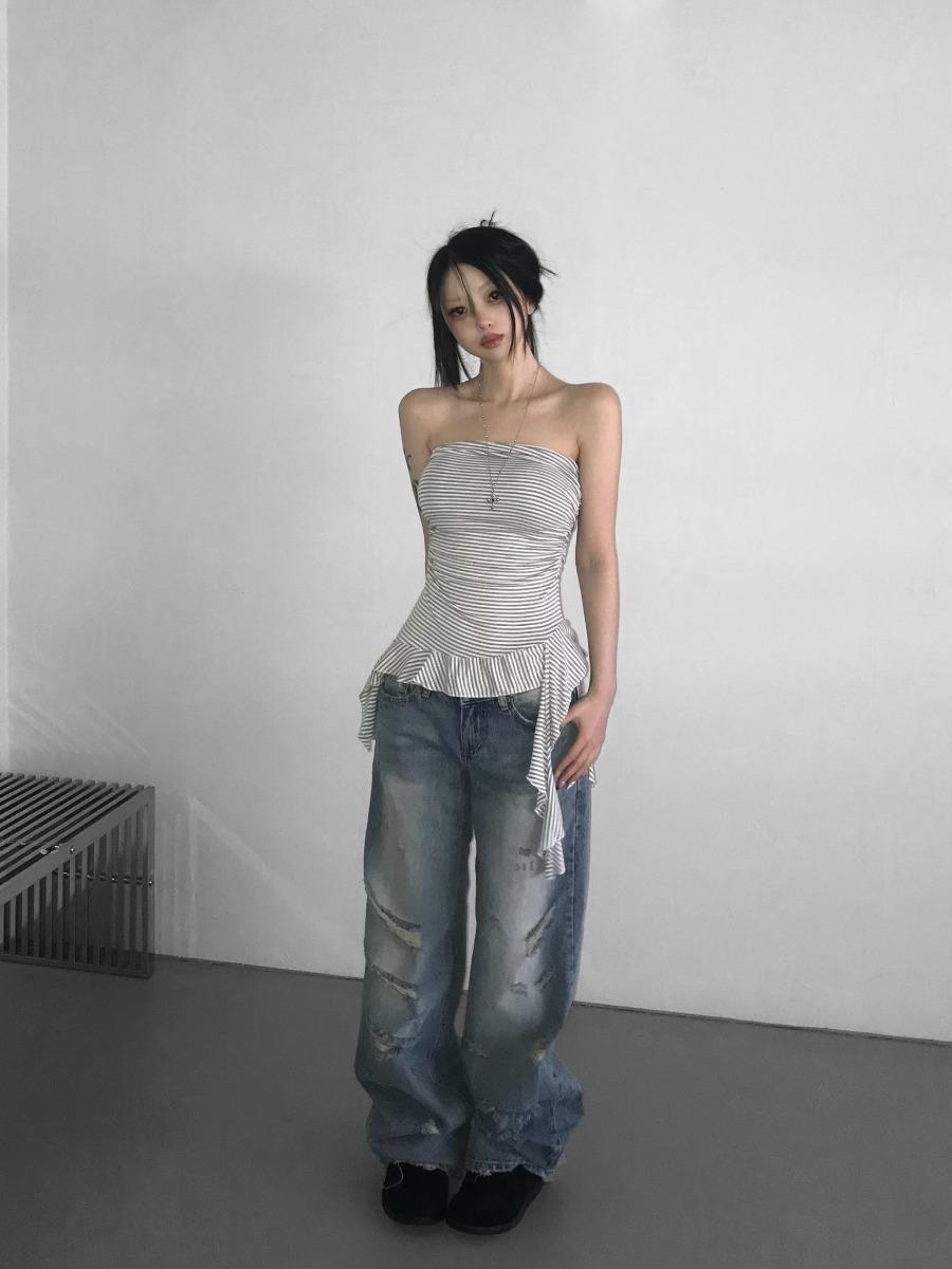 0462 blue washing damage jeans