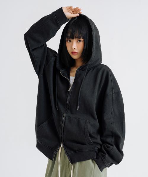 빈티지 피그먼트 2WAY 오버핏 후드 집업 [차콜]