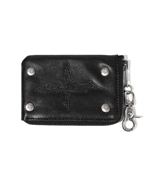 Patched Leather Side Zipper Card Wallet - Black