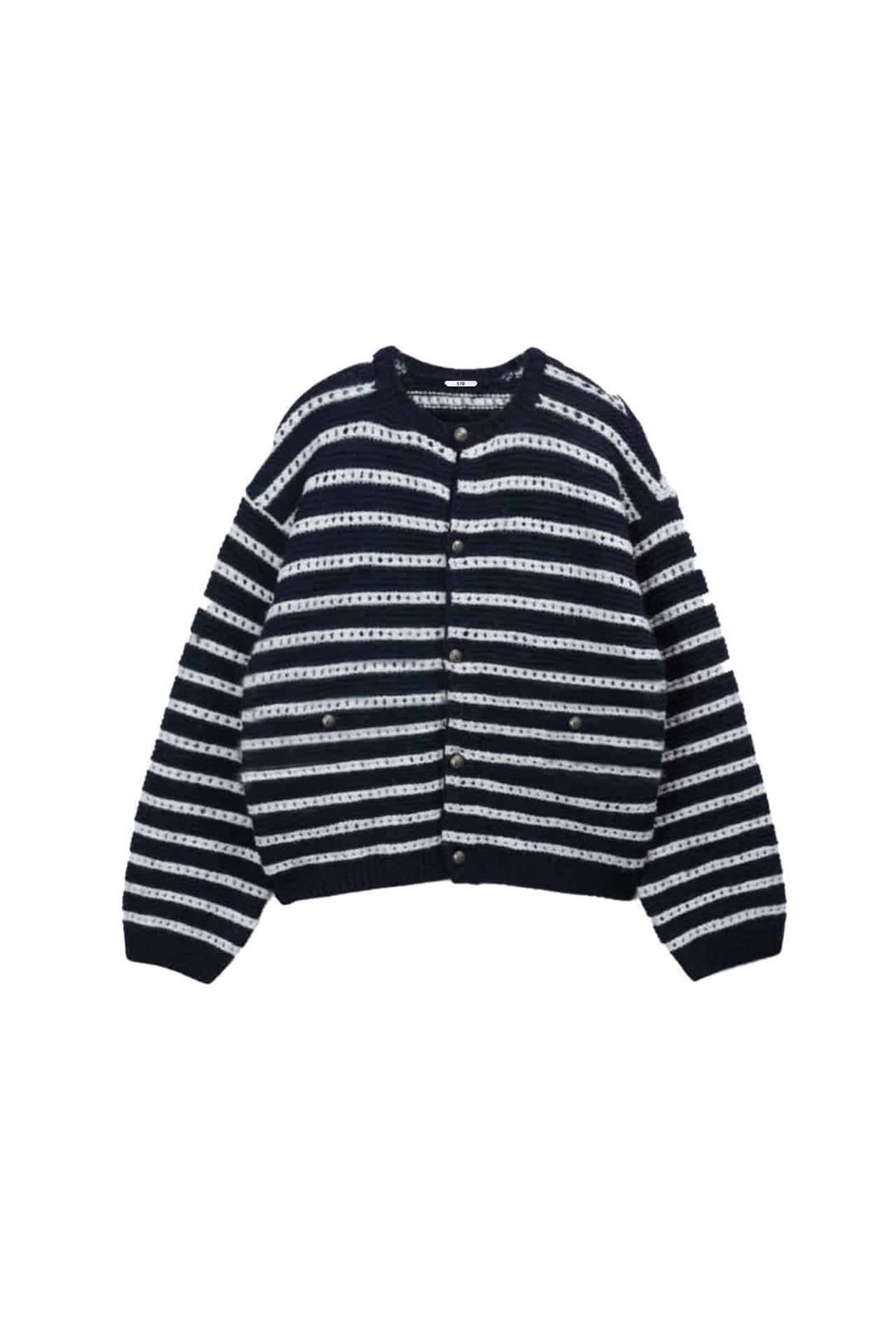 Round Neck Stripe Cardigan Navy