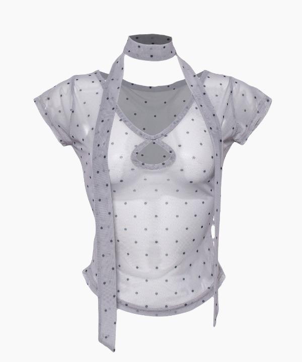 타이세트 시스루도트티 망사 브이넥 슬림 크롭티