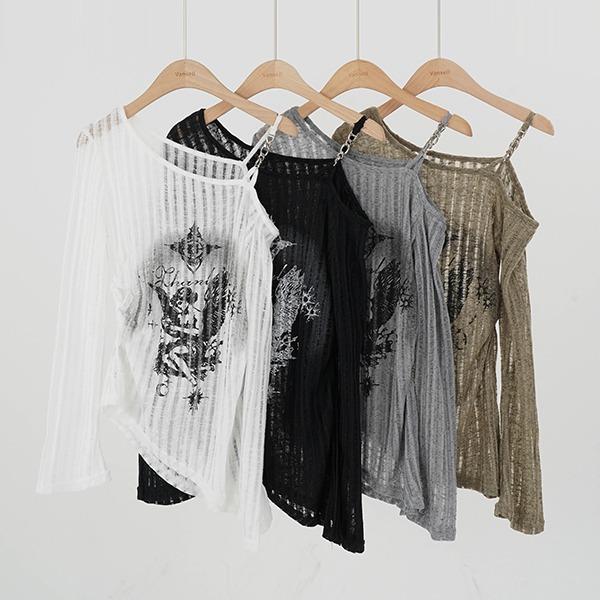 [이즈나 유사랑 착용] 시스루 원숄더 골지 긴팔니트 그래픽니트 드 그런지룩 힙 유니크 Y2K 안무의상 셔링 크롭 긴팔티셔츠 긴팔니트티