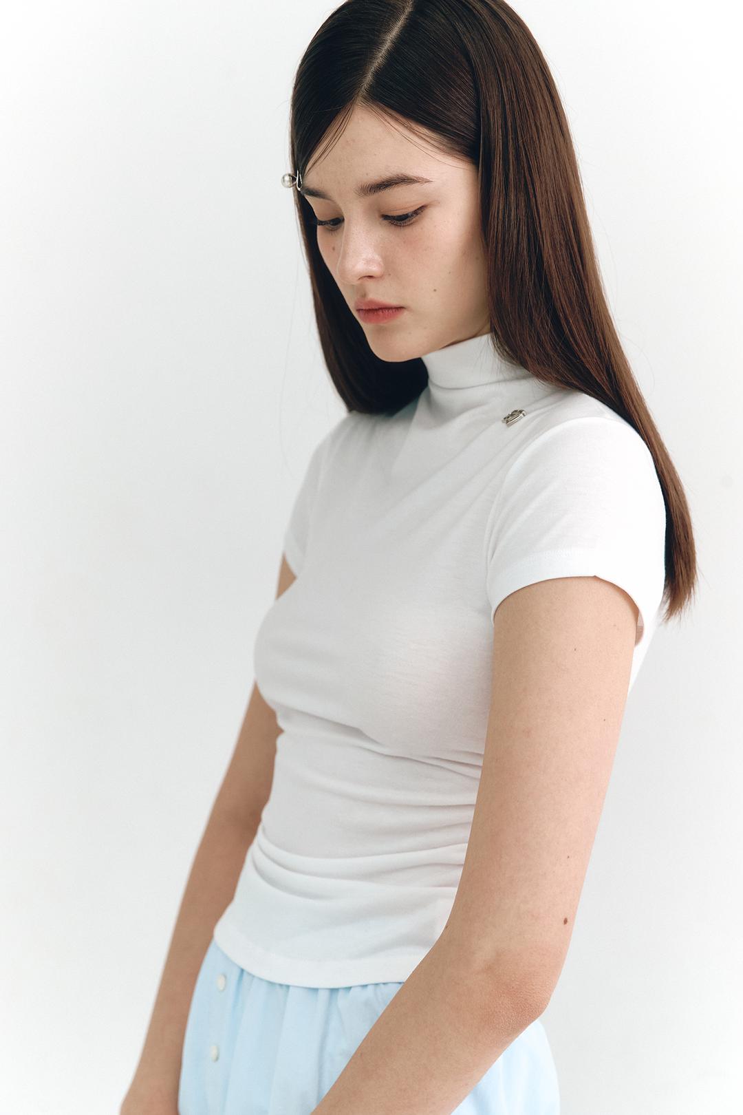 Half Neck Logo Shirring Top White
