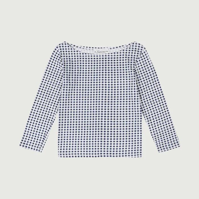 [7차리오더] Gingham Boat Neck T-shirt / Navy