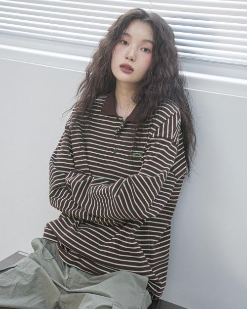 FF STRIPE COLLAR L/S TEE(BROWN)