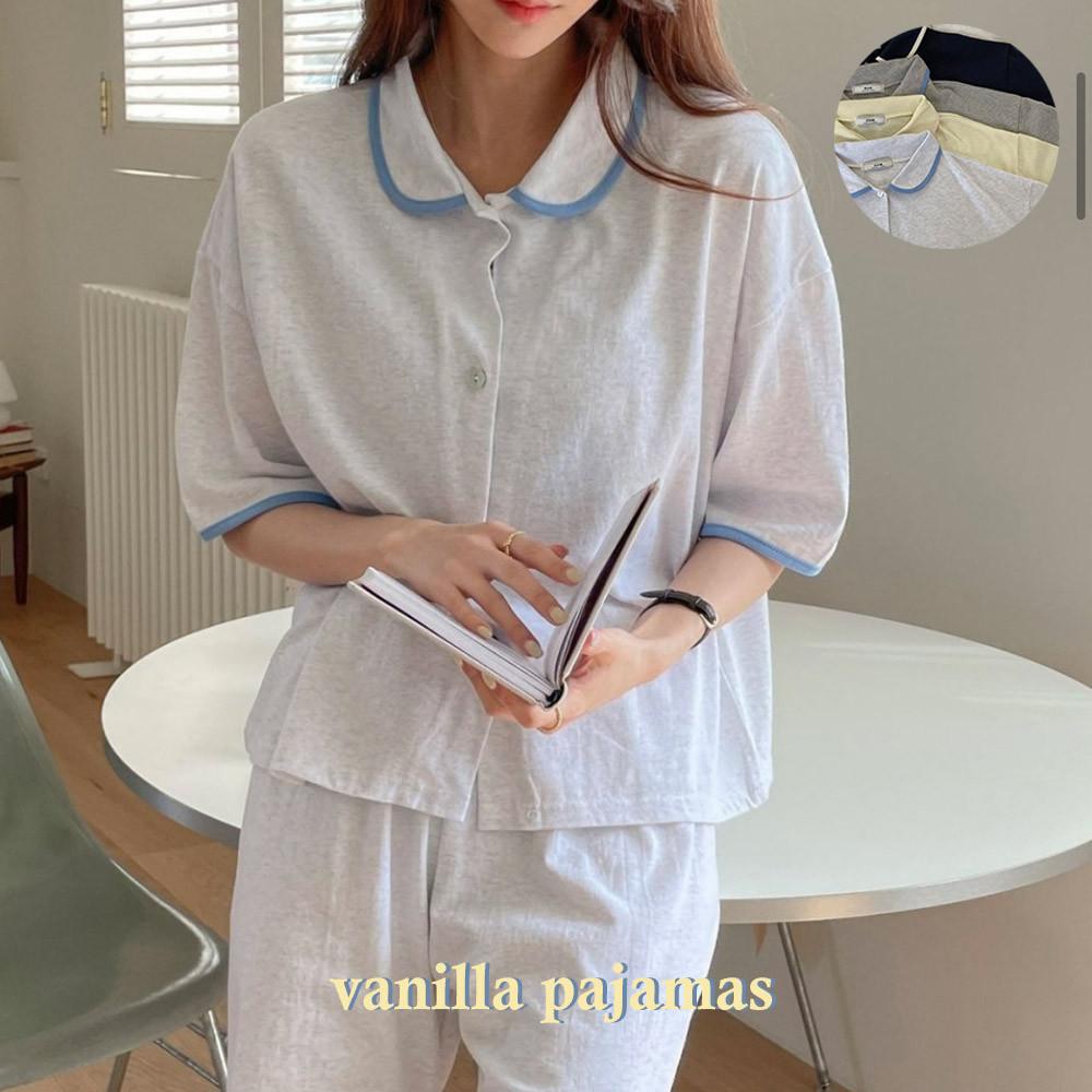 [리틀슬로스]바닐라 파자마 스판 순면 여름 무지 카라 반팔 세트 우정 홈웨어 잠옷 파티