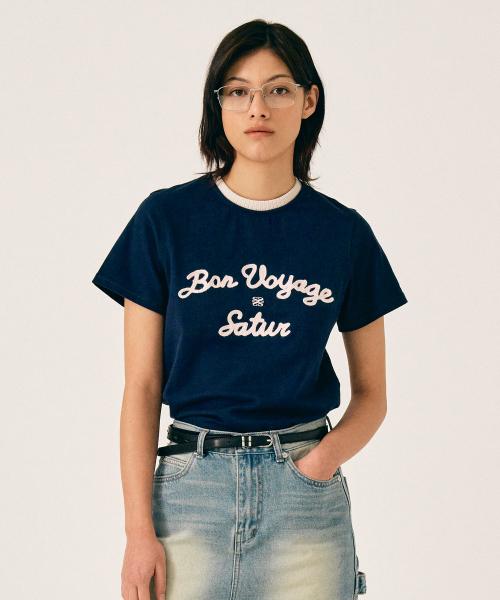 (W) 세터 로고 자수 보야지 반팔 티셔츠 네이비 핑크