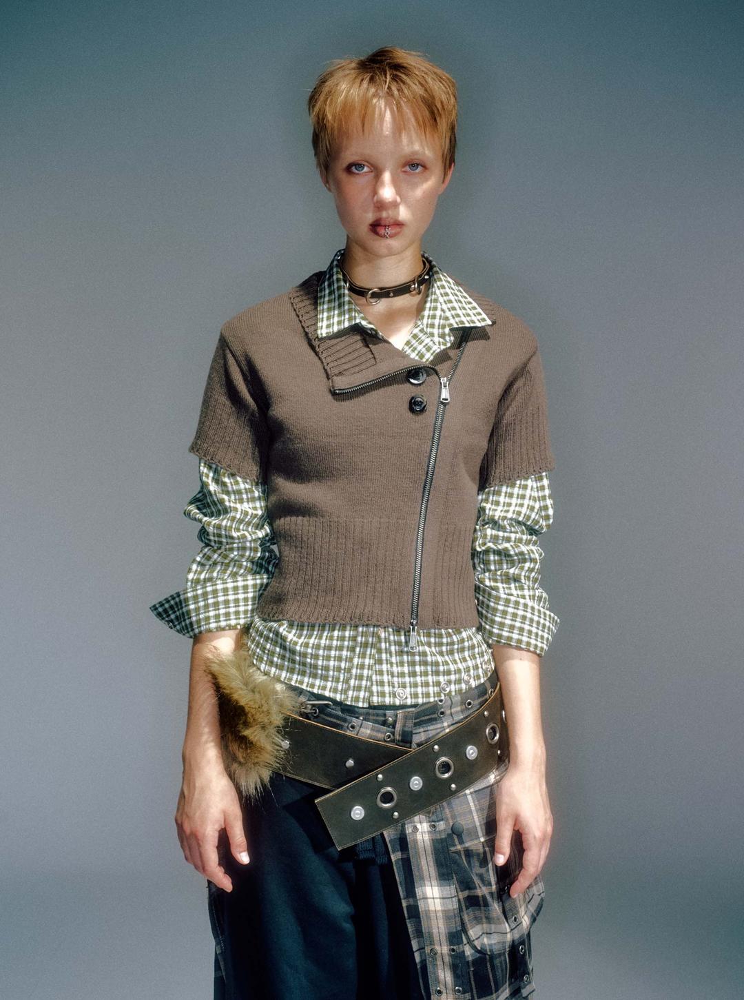 HITA SHORT-SLEEVE KNIT ZIP-UP BROWN