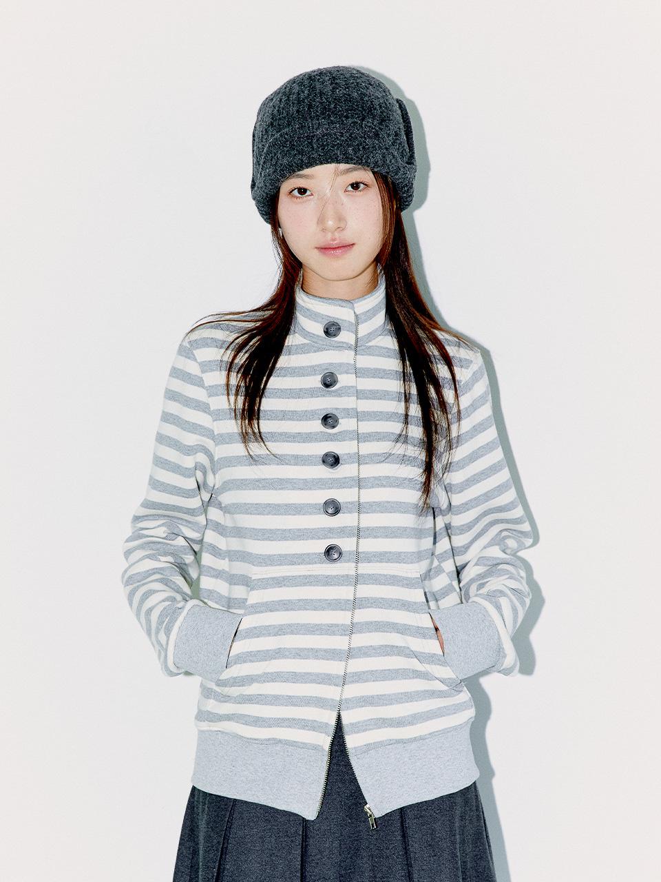 BUTTON STRIPE TWO-WAY ZIP UP, MELANGE