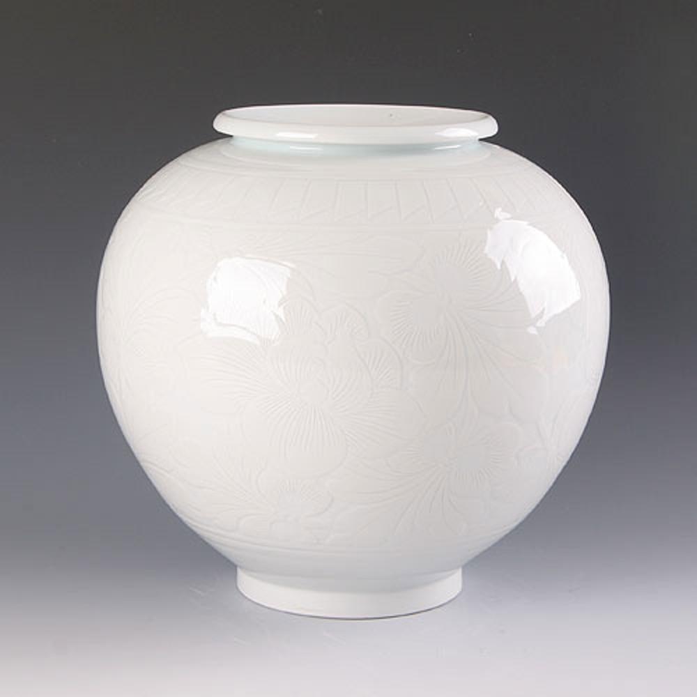 백자 당초문조각 단지 / 작품도자기 달항아리