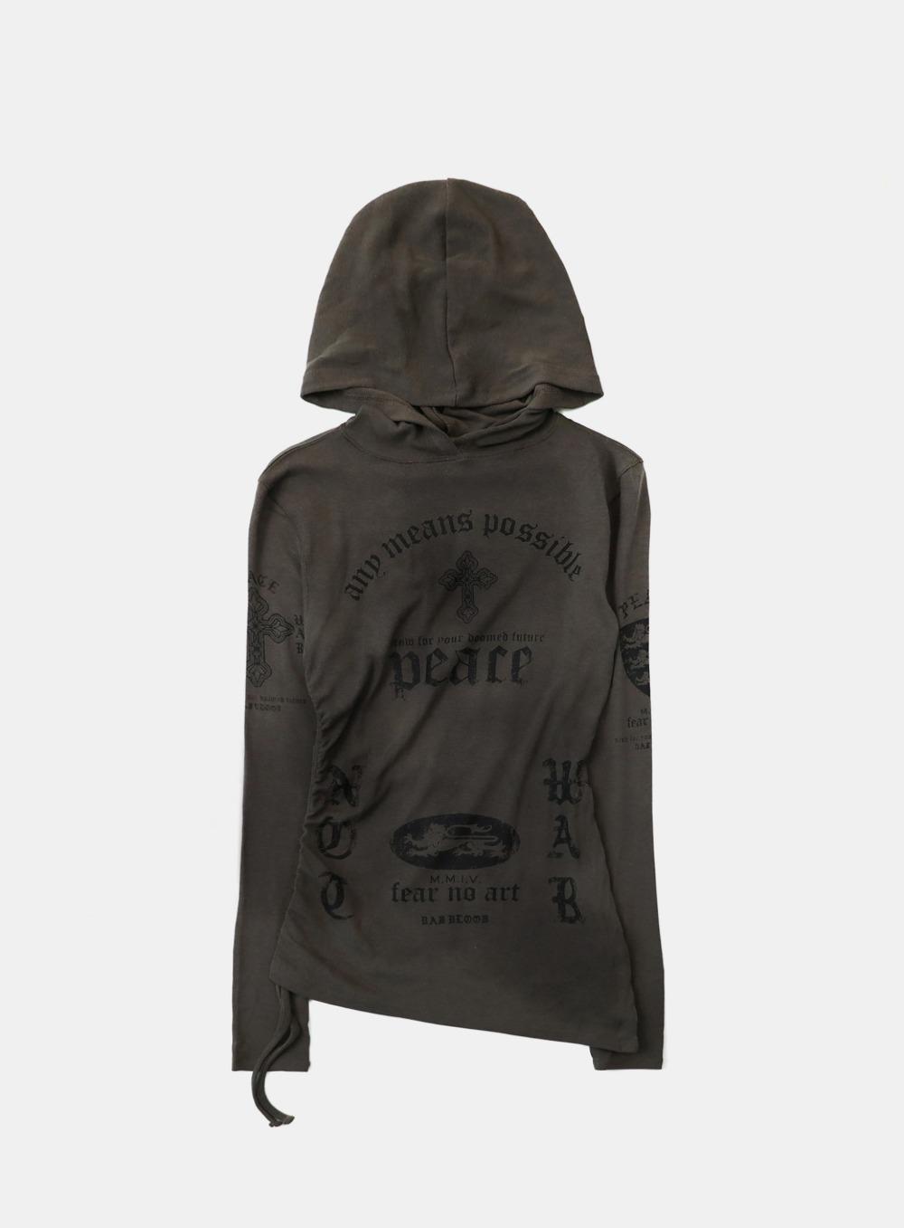 [1/16 발송] [w-hde25-088] PEACE NOT WAR 슬림 컷아웃 후드 - 챠콜