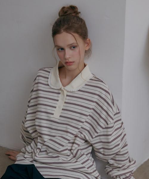 레이스카라 스트라이프 티셔츠-아이보리