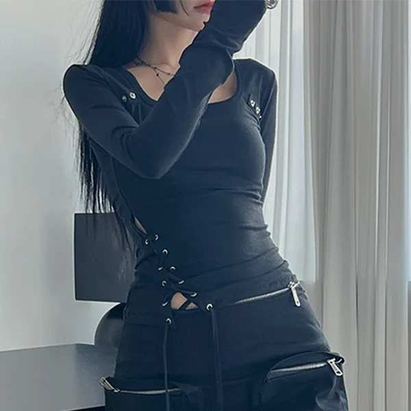[스퀘어넥🖤/티셔츠맛집🫶] 헤이프 리벳 사선 스트랩 슬리브 3color
